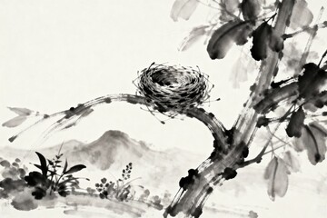 Fototapeta premium Ink drawing of an empty bird's nest on a curved branch, with wind indicated by tilt and blurred edges