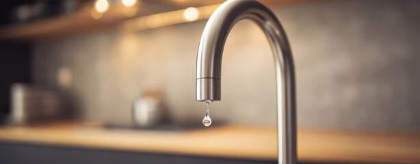 The Faucet Dripping A Single Water Drop Over Modern Blurred Kitchen Countertop