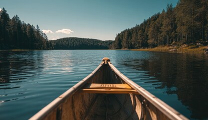 Serene view from a canoe on a calm lake, surrounded by towering forest, under a bright sky.