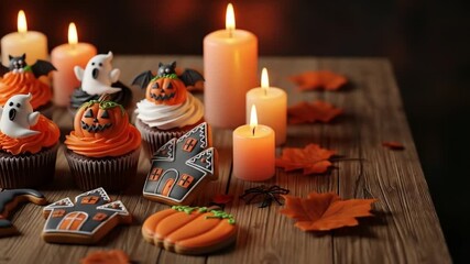 Spooky Halloween treats and flickering candles create a festive, fun atmosphere perfect for your creative projects and seasonal promotions