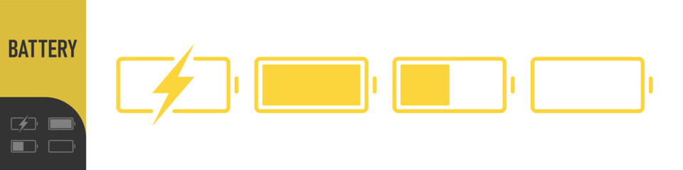 battery icon set with charge levels from full and low - charging symbol - representing power, energy storage, and readiness for use in electronic devices