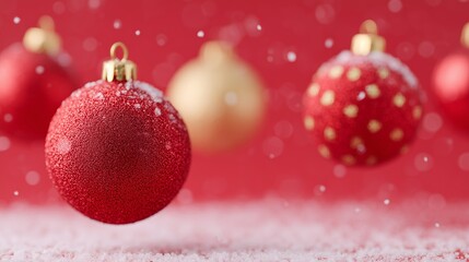 Fototapeta premium Red and gold Christmas ornaments float gracefully against a vibrant red background, creating a festive atmosphere perfect for holiday celebrations and seasonal decor