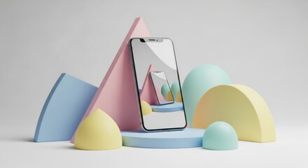 Smartphone display surrounded by pastel geometric shapes and abstract forms mobile phone screen
