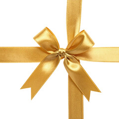 Close-up of a gold ribbon bow and wrapping with soft folds against a black background
