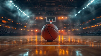 Basketball on court with hoop and stadium lights in background with smoke and blurred crowd