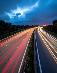 Obraz premium Illuminated highway with streaks of car light, a dusk time lapse
