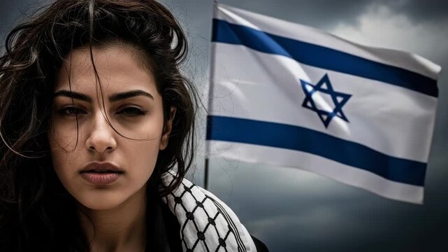 Young woman with dark hair standing in front of Israeli flag  
