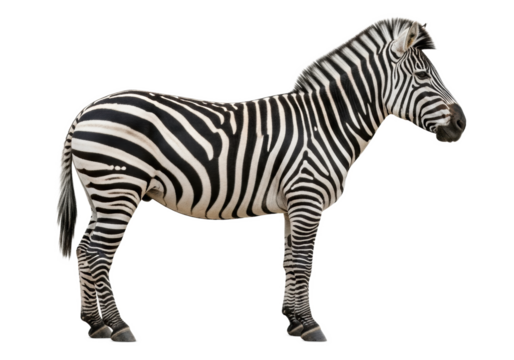 Adult zebra, full-body, strict profile, muscular, elegant, crisp stripes on white, shadowless plain. UHD studio photo. Natural beauty concept.