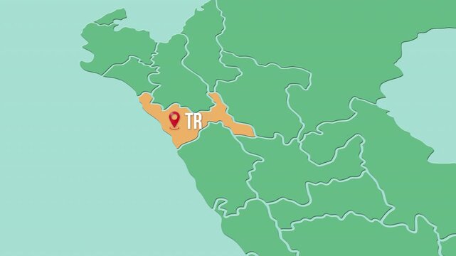 Mapa de Per&uacute; con divisi&oacute;n pol&iacute;tica resaltando el departamento de La libertad y su capital Trujillo