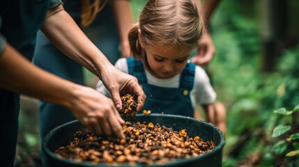Family composting organic waste in backyard garden representing zero waste lifestyle household sustainability and authentic ecological practice