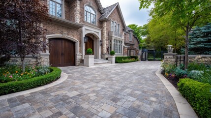 Luxury mansion with manicured landscaping and paved driveway