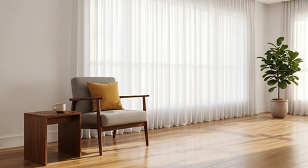Fototapeta premium Bright Minimalist Interior with Modern Chair and Plant: Serene Home Ambiance