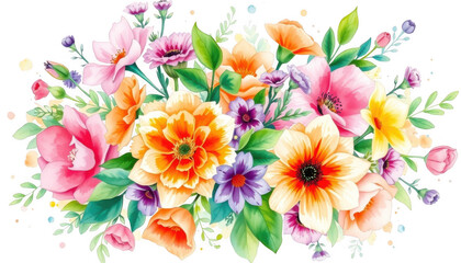 Vibrant watercolor floral arrangement with diverse colorful blossoms and green leaves isolated on white background