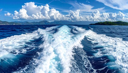 A vast expanse of deep blue water, the wake of a boat creates a dramatic chevron pattern, mountains in the background. Lush islands adorn the horizon