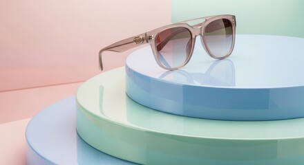 Translucent pink sunglasses with gradient lenses resting on pastel blue and green circular platforms