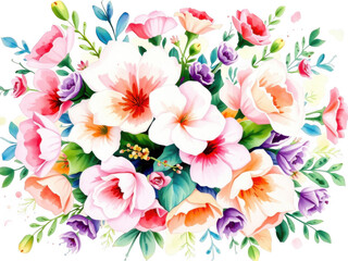 Vibrant watercolor floral arrangement with delicate pink and white blossoms isolated on white background