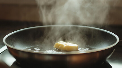 Melting butter in a skillet, steam rising. The beginnings of a flavorful meal being prepared on the stovetop. Home cooking in progress.