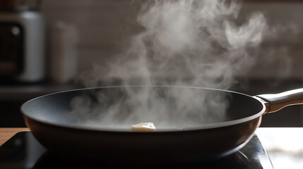 Sizzling fat: A frying pan heats a small piece of cooking fat, creating rising steam in a kitchen setting. Preparing a tasty meal at home.
