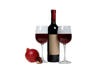 PNG image of Red wine bottle and glasses with pomegranate still life photography on black background studio shot