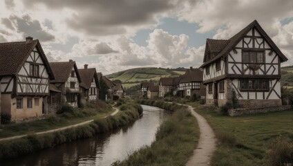 Fototapeta premium Quaint village homes with timber frames line a canal, rolling hills in the background under cloudy sky