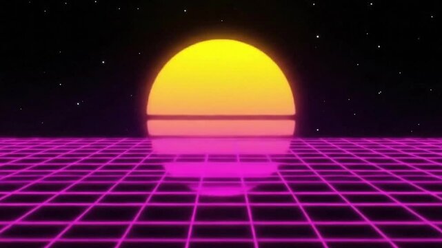 A retro-futuristic landscape features a glowing sun setting over a grid, stars in the night sky, evoking feelings of nostalgia and forward-thinking technology.