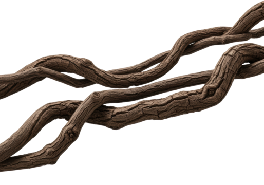 Dark brown, thick, dry, woody liana jungle vines intricately intertwined snaking horizontally on a transparent seamless studio background with diffuse lighting, concept of natural organic elements