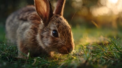 Fototapeta premium Close up of a young rabbit sniffing grass in warm golden hour sunlight with soft bokeh background