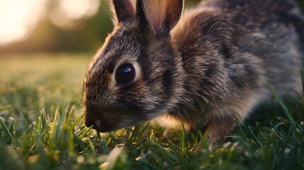 A close up view of a young rabbit sniffing green grass during the warm golden hour with soft bokeh in the background