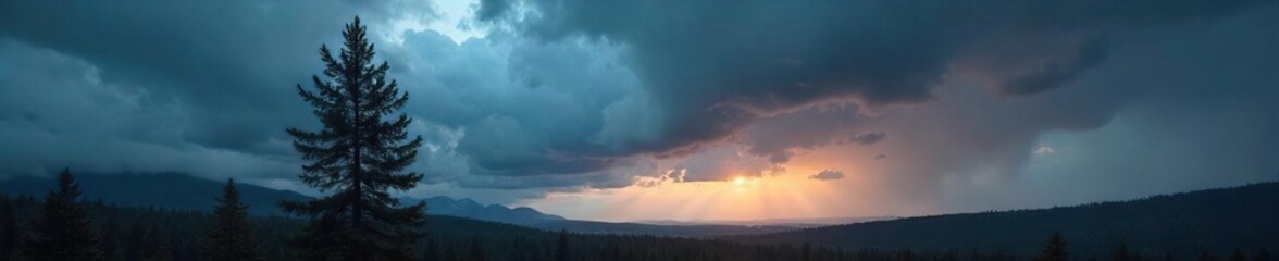 Fototapeta premium Lone Evergreen Silhouette Against a Dramatic Canadian Sky Mystery and Vastness of the Wilderness