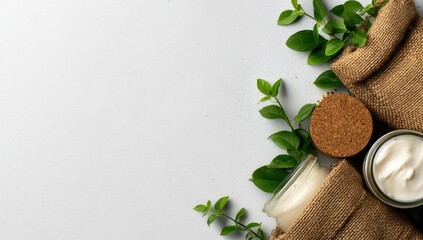 Natural skincare products arranged on a light gray surface with fresh greenery and burlap.