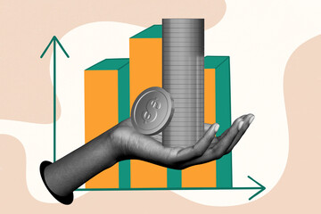 Composite 3d image art pop trend collage of human hand hold dollar coin arrow development chart progress stats capital profit