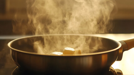 Butter melting in a hot pan, steam rising. Cooking food, preparing delicious meal. Kitchen cooking scene.
