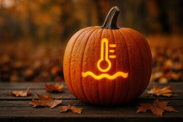 Glowing Jack o Lantern with Engine Coolant Temperature Warning Symbol &mdash; Spooky Automotive Halloween Pumpkin
