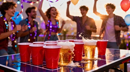 Beer pong table, festive setting with bright colors and decorations, creating an atmosphere of joyful celebration, competitive fun, and lively party entertainment.