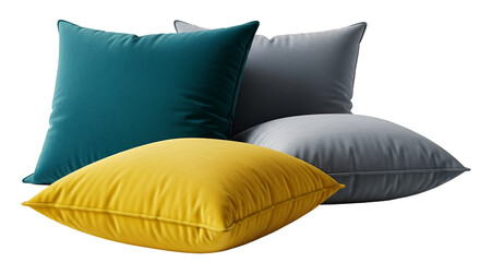Three Plush Cushions in Teal, Yellow, and Gray