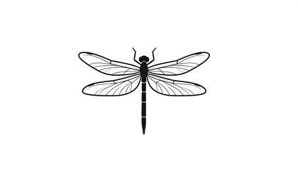 A vector illustration of a dragonfly from a top-down perspective, featuring a black body with transparent, detailed wings, set against a clean white backdrop