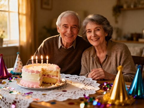 Smiling senior couple at birthday table, festive setting with bright colors and decorations, creating an atmosphere of joyful celebration, lifelong love, and heartwarming family togetherness. - Powered by Adobe