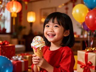 Asian child with birthday ice cream, festive setting with bright colors and decorations, creating an atmosphere of joy, sweet delight, and cheerful celebration.