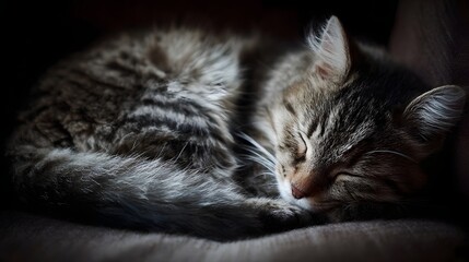 A serene tabby cat sleeps peacefully curled into a comfortable ball on a soft surface