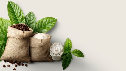 Natural ingredients, including coffee beans, flour, and a cream, arranged on a light background with greenery.