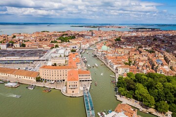 Venice, Italy - aerial view of the city in the area of ​​the Constitution Bridge
