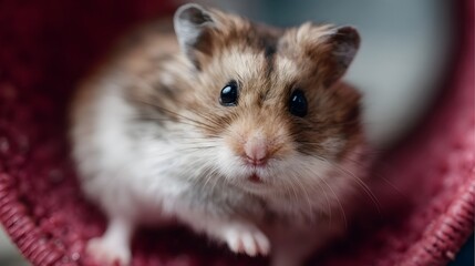 Close up portrait of a cute fluffy hamster with brown and white fur resting in a soft red textured bed