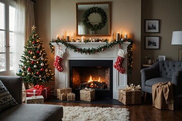 Fototapeta premium Festive living room with decorated fireplace and Christmas tree