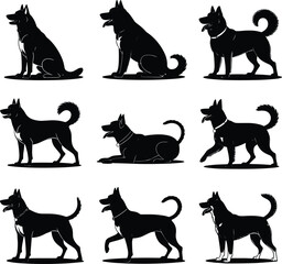 Collection of nine dog silhouettes in various poses on white background