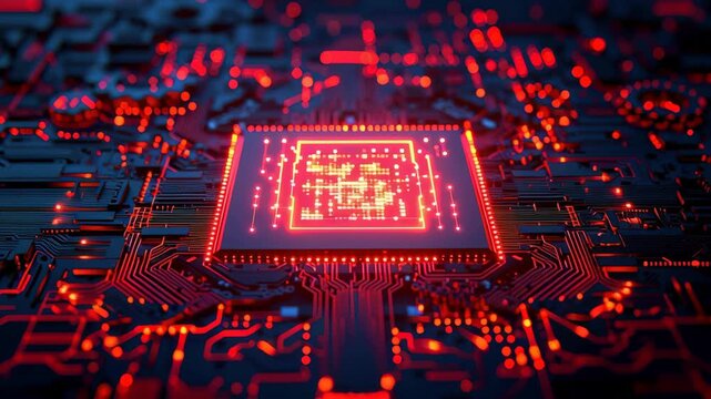 Neon microchip red circuit board glowing processor digital technology futuristic hardware cyber network data flow high tech abstract background with