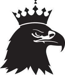 Black silhouette of an eagle's head with a detailed crown and stern expression on a white background
