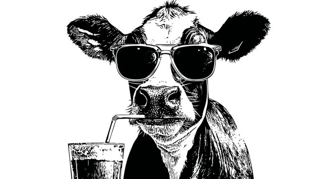 Black and white illustration of a cool cow wearing sunglasses sipping a drink