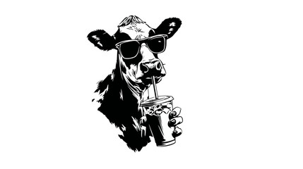 Black-and-white cow with sunglasses sips drink from straw in a plastic cup