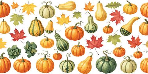Festive Autumn Harvest A Colorful Assortment of Pumpkins, Gourds, and Maple Leaves in a Seamless Pattern