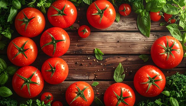 Vibrant arrangement of fresh tomatoes with greenery on wooden surface